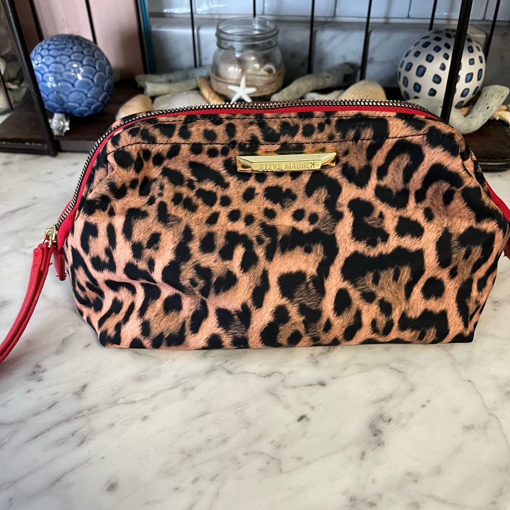 Steve Madden Leopard Print Cosmetic Bag/clutch bag with Red Trim